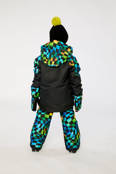 Child in the black and checkerboard PLAY snowsuit, back view