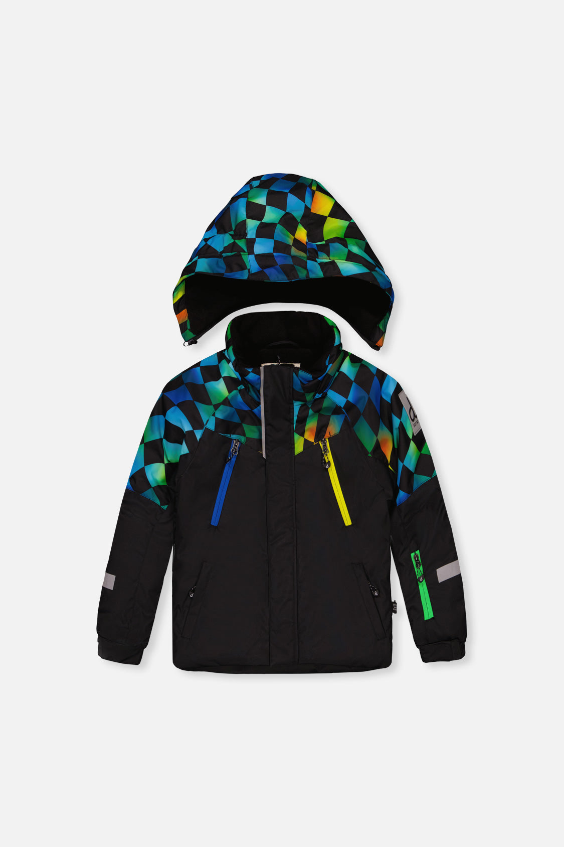 Black PLAY jacket with green, yellow and blue checkerboard hood and shoulders, front view