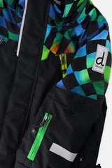 Close-up of the black PLAY jacket front zipper, green chest pocket zipper and sleeve logo patch