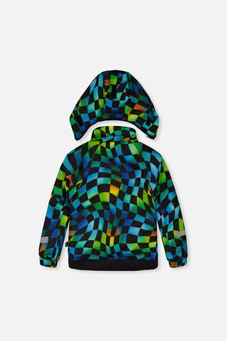Deux par Deux PLAY green, yellow and blue checkerboard jacket with hood, back view