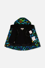 Deux par Deux PLAY checkerboard jacket opened to show the black fleece lining and inside straps