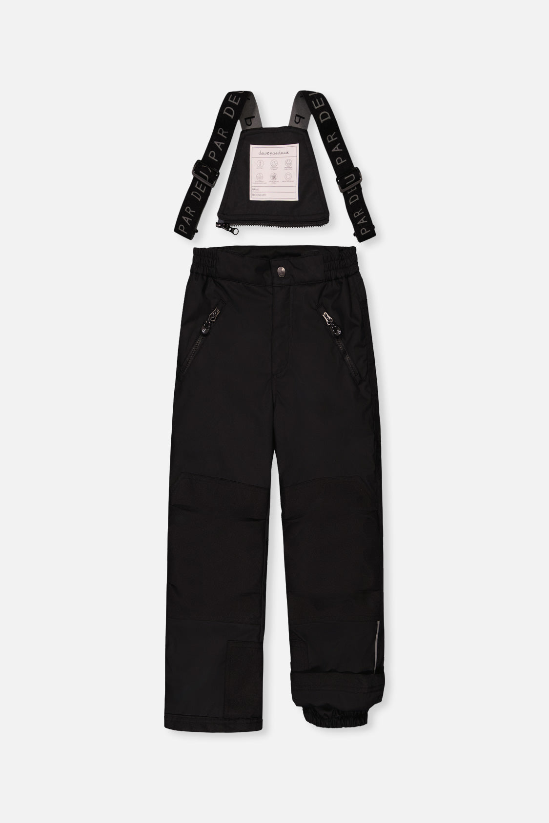 Deux par Deux PLAY black snow pants with suspenders, front view