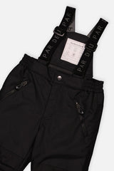 Close-up of the Deux par Deux black PLAY snow pants waist, zippered pockets and suspenders