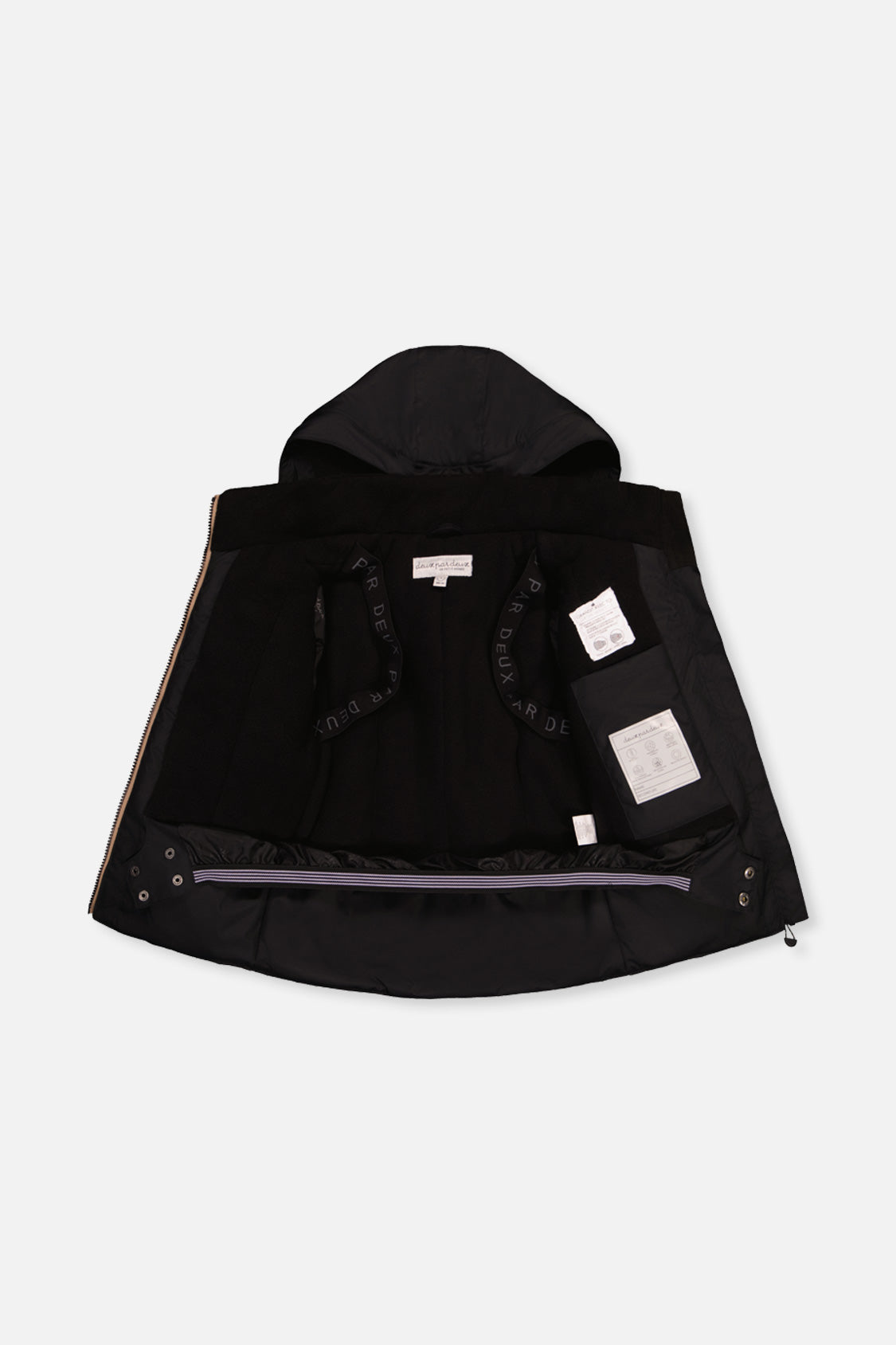 Deux par Deux black PLAY jacket opened to show the lining and inner backpack-style straps