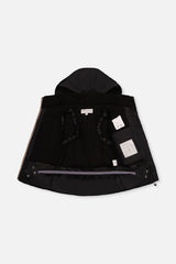 Deux par Deux black PLAY jacket opened to show the lining and inner backpack-style straps