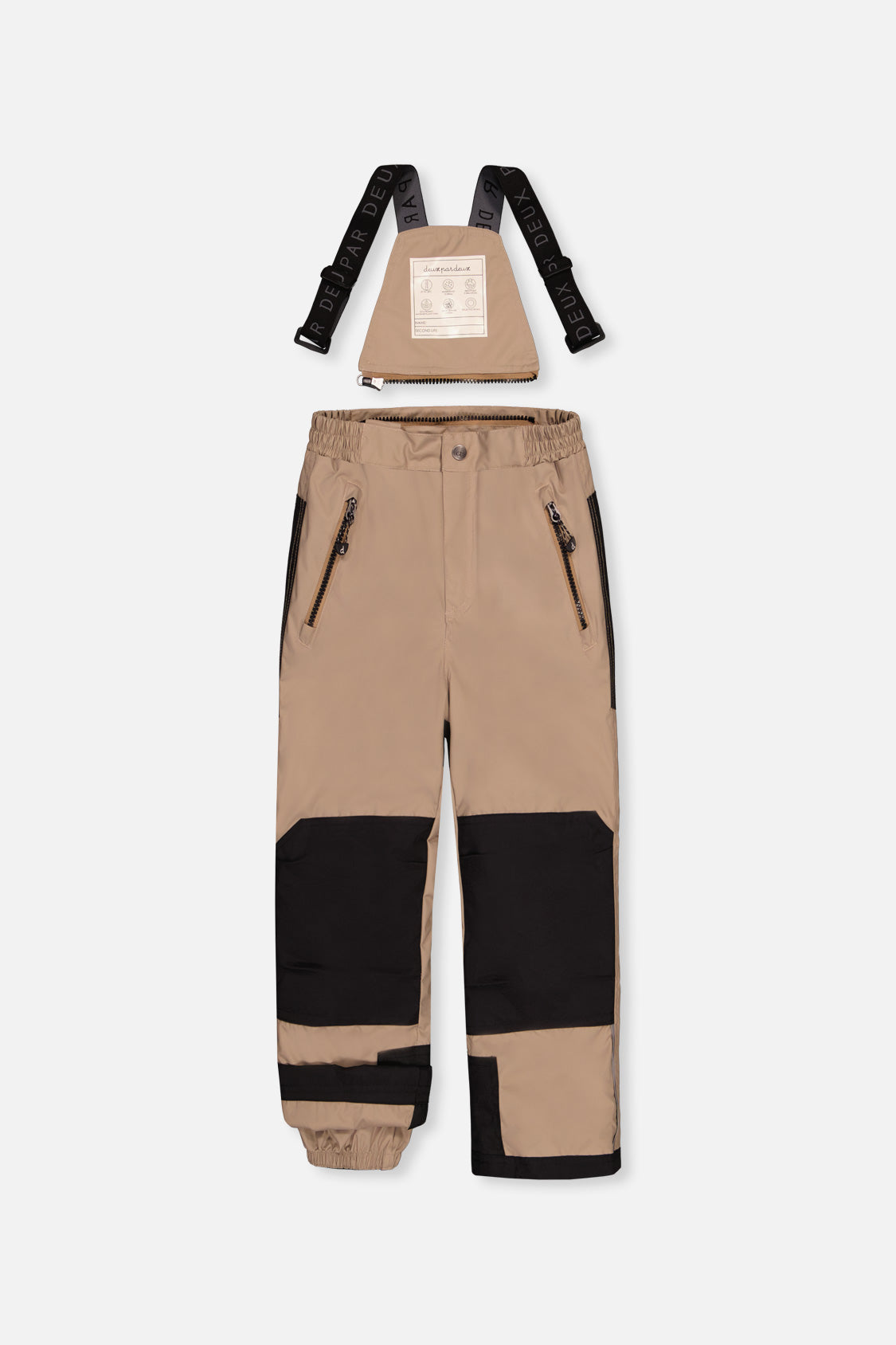Deux par Deux beige PLAY snow pants with suspenders and black knee panels, front view