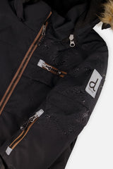 Close-up of the black PLAY jacket front zipper and sleeve