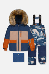 Two Piece Play Snowsuit Navy And Rust Colorblock With Blue Bear Print Pants-0