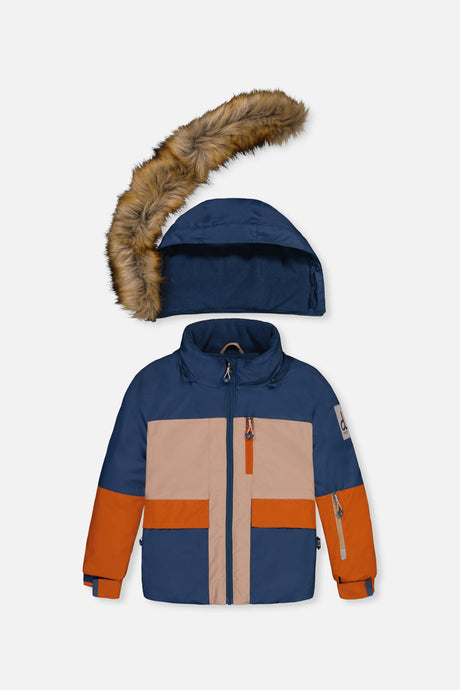 Navy, beige and rust PLAY jacket front view with the detachable hood and faux-fur trim shown separately