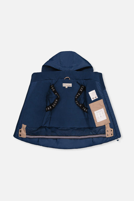 Navy PLAY jacket opened to show the fleece lining and inner backpack straps