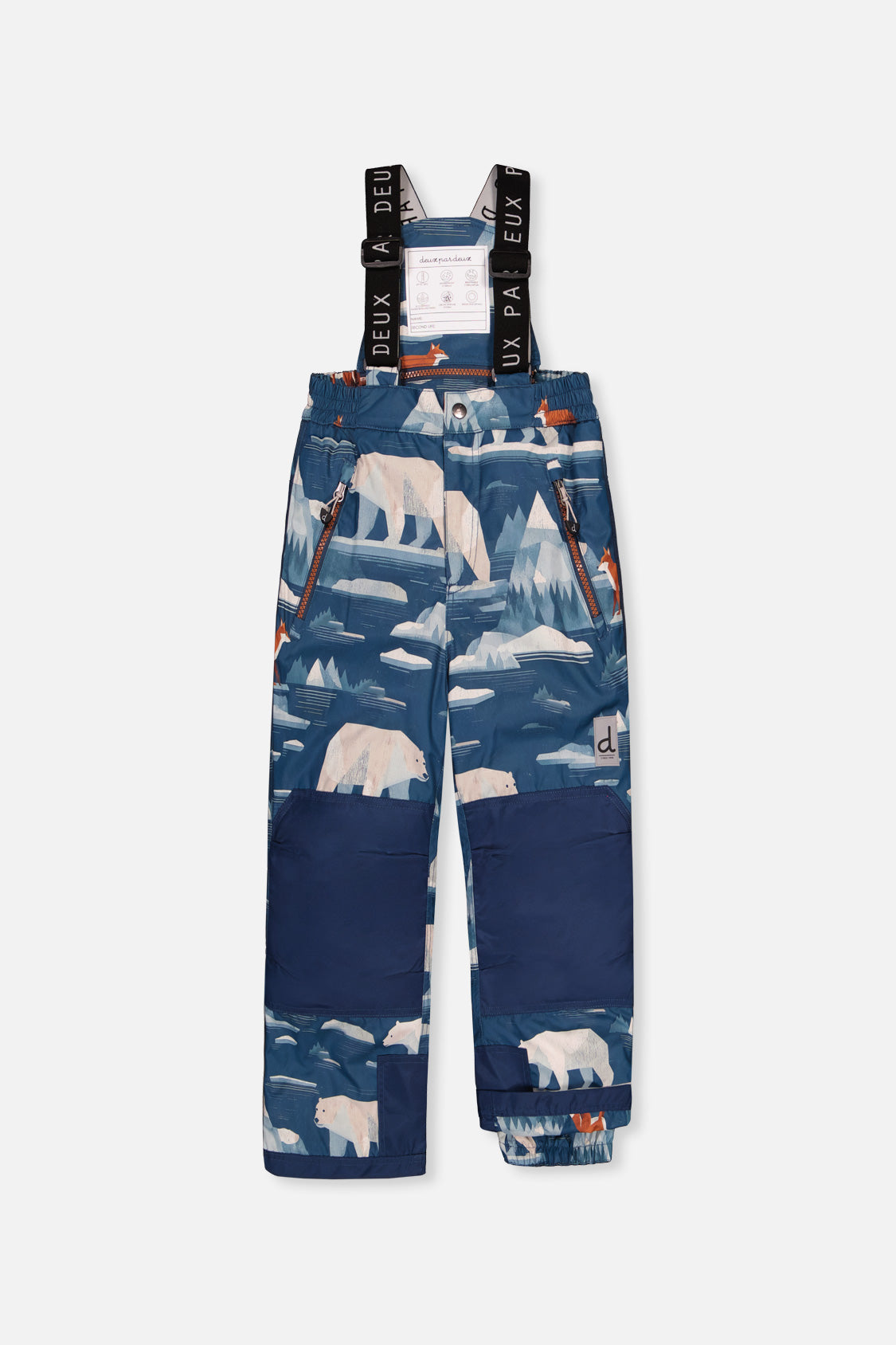 Deux par Deux boys' PLAY snowsuit with navy and rust colorblock jacket and blue bear-print pants, another studio view