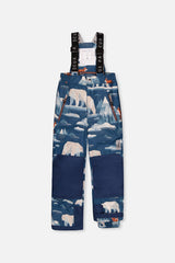 Deux par Deux boys' PLAY snowsuit with navy and rust colorblock jacket and blue bear-print pants, another studio view