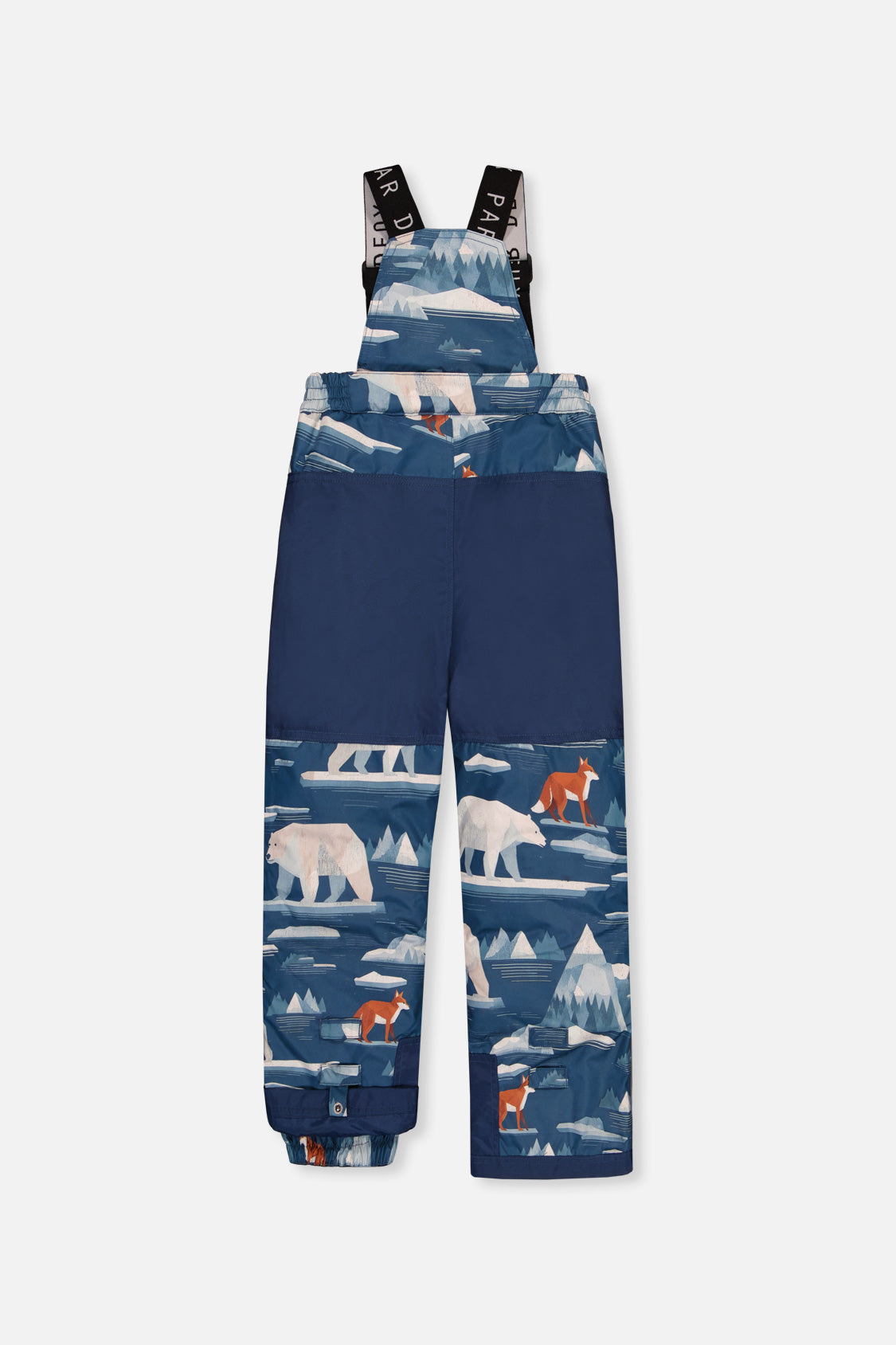 Deux par Deux boys' PLAY snowsuit with navy and rust colorblock jacket and blue bear-print pants, alternate angle