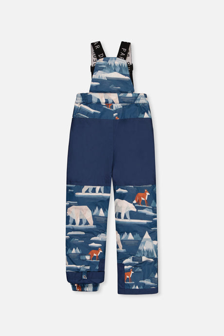 Blue polar bear-print PLAY bib snow pants with navy reinforced seat, back view
