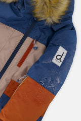 Deux par Deux boys' PLAY snowsuit with navy and rust colorblock jacket and blue bear-print pants, additional studio angle