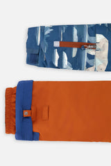 Deux par Deux boys' PLAY snowsuit with blue bear-print jacket and rust snow pants, alternate studio shot