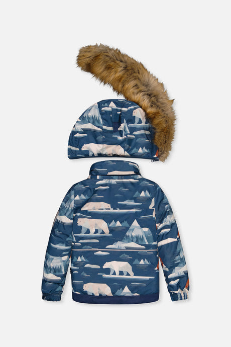 Blue polar bear-print PLAY jacket back view with the detachable faux-fur hood