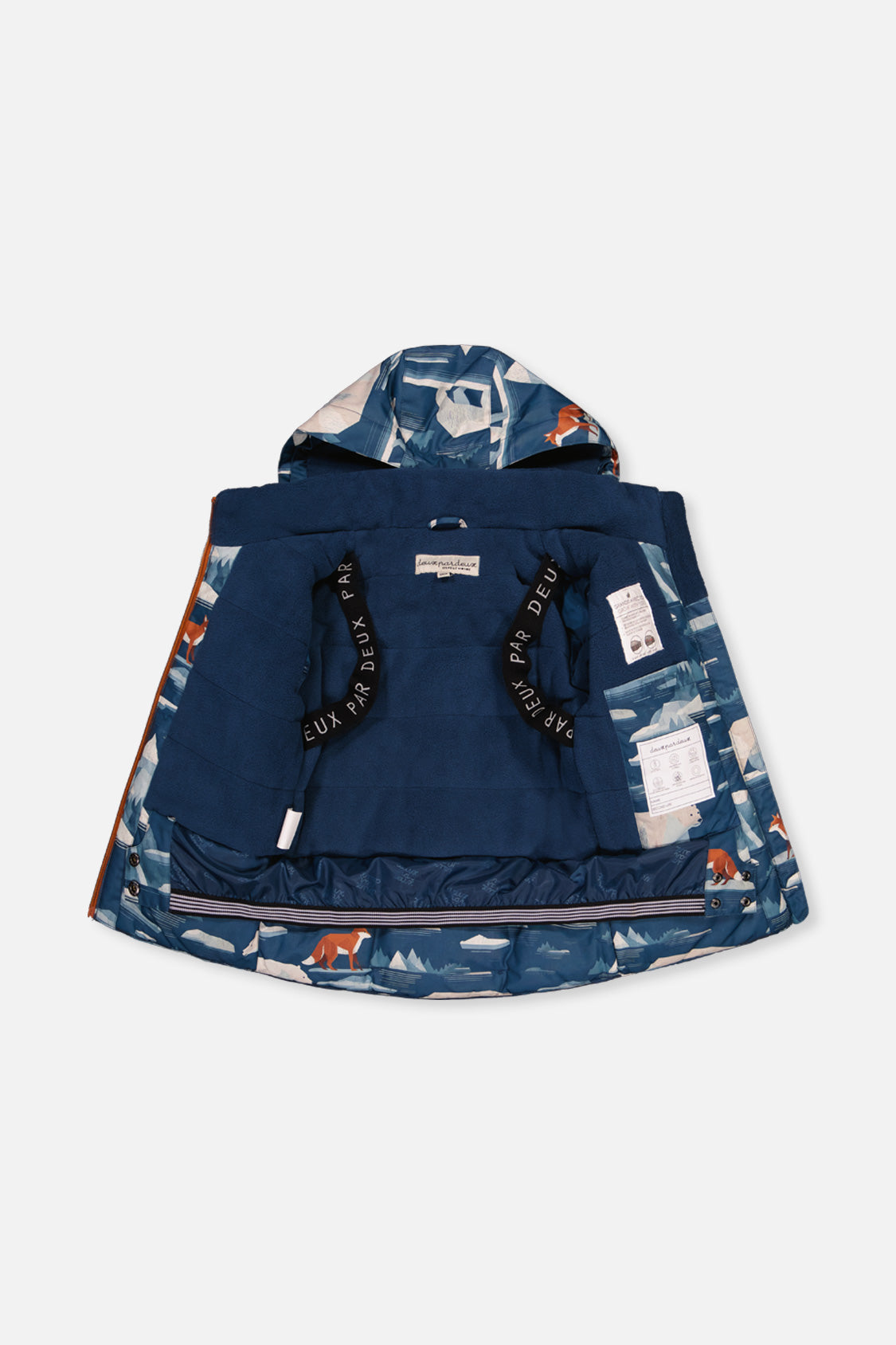 Deux par Deux boys' PLAY snowsuit with blue bear-print jacket and rust snow pants, additional angle
