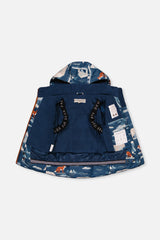 Deux par Deux boys' PLAY snowsuit with blue bear-print jacket and rust snow pants, additional angle