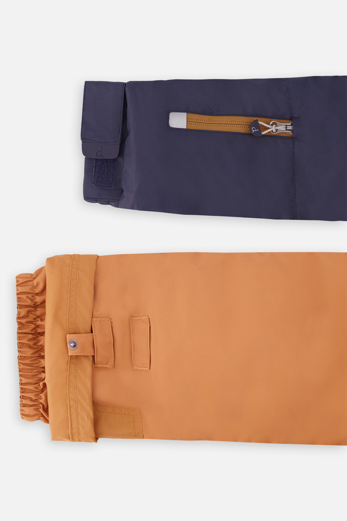 Deux par Deux boys' PLAY snowsuit with navy blue jacket and brown snow pants, alternate studio shot