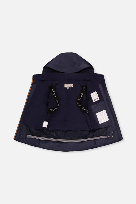 Navy PLAY jacket opened to show the fleece lining and inner backpack straps