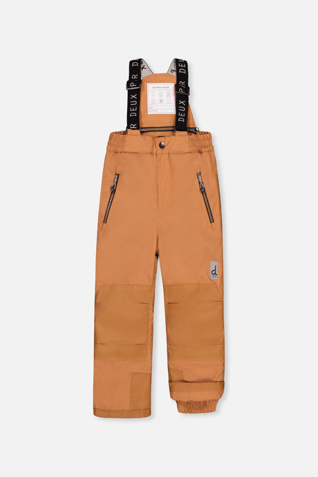 Brown PLAY bib snow pants with suspenders and reinforced knees, front view
