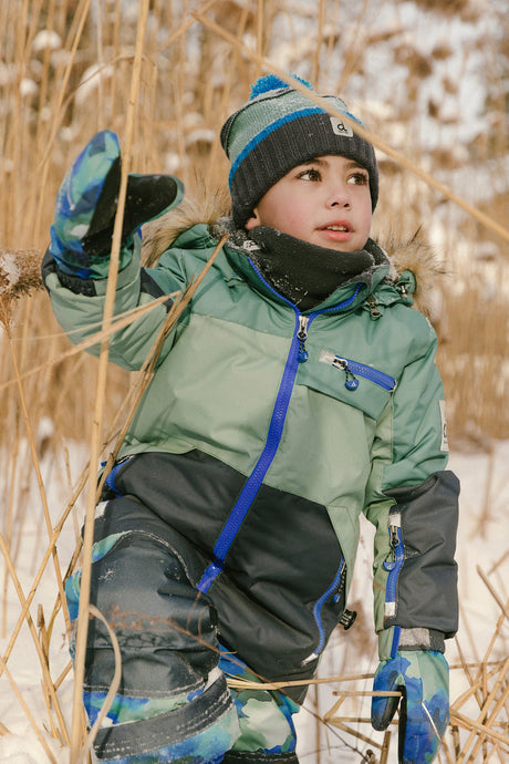 Two Piece Play Snowsuit Green And Navy Colorblock With Blue Camouflage Pants-1