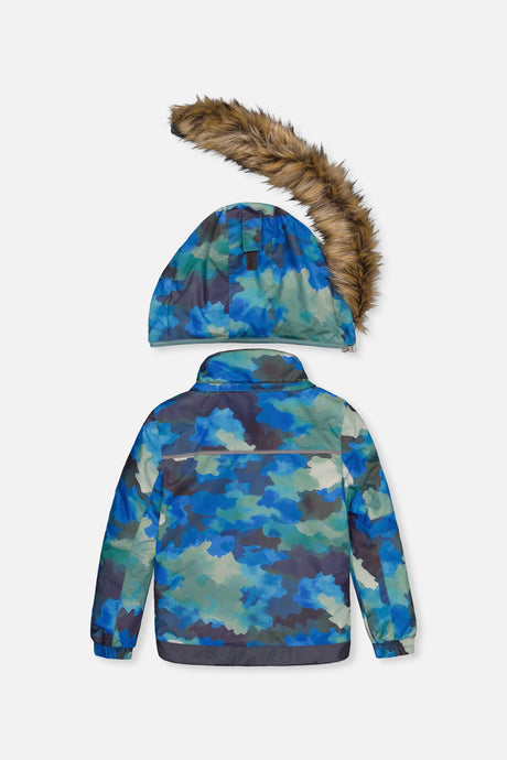 Deux par Deux blue camouflage PLAY jacket, back view with faux-fur hood detached