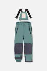 Deux par Deux PLAY green snow pants with dark grey knee panels and suspenders, front view