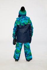 Child wearing the Deux par Deux blue and green checkered PLAY snowsuit, back view