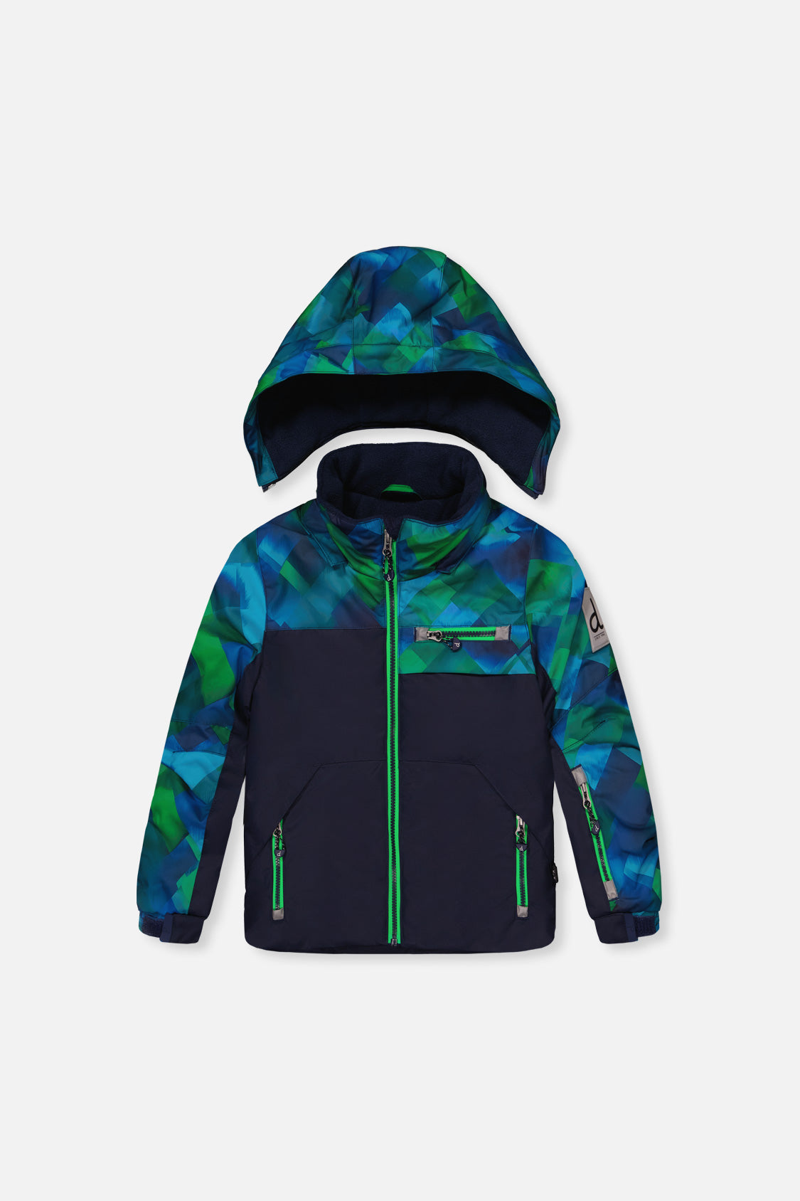 Deux par Deux PLAY blue and green checkered jacket with navy body and hood, front view