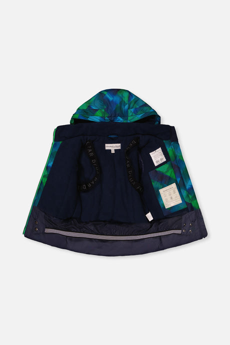 Deux par Deux blue and green checkered PLAY jacket opened to show the navy lining and inside straps