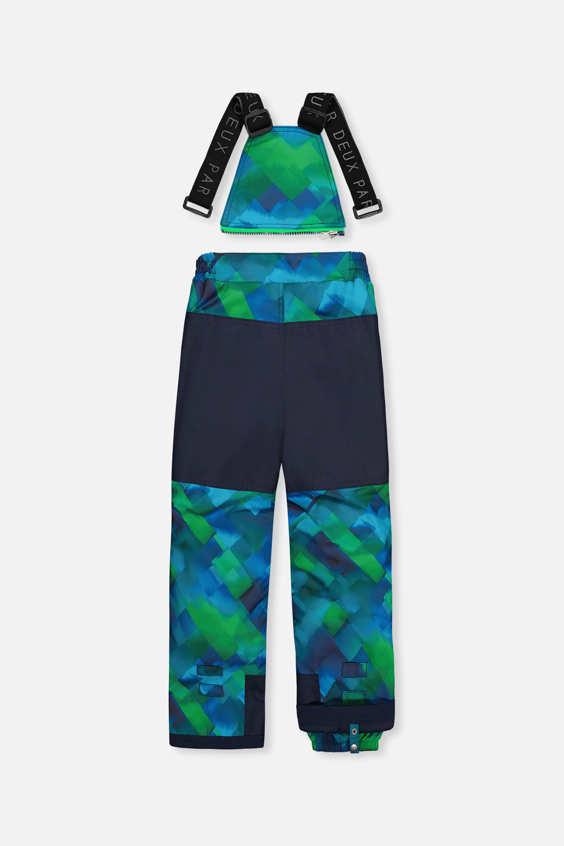 Deux par Deux PLAY blue and green checkered snow pants with navy seat panel, back view