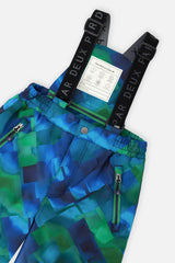 Close-up of the Deux par Deux checkered PLAY snow pants waist, zippered pockets and suspenders