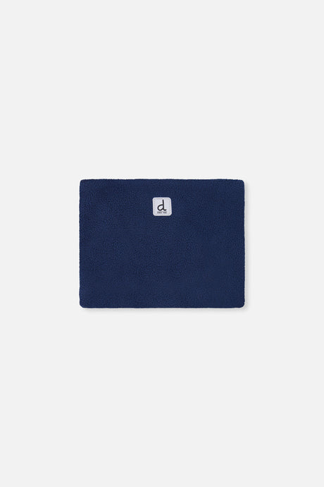 Navy polar fleece neckwarmer included with the Deux par Deux checkered PLAY snowsuit