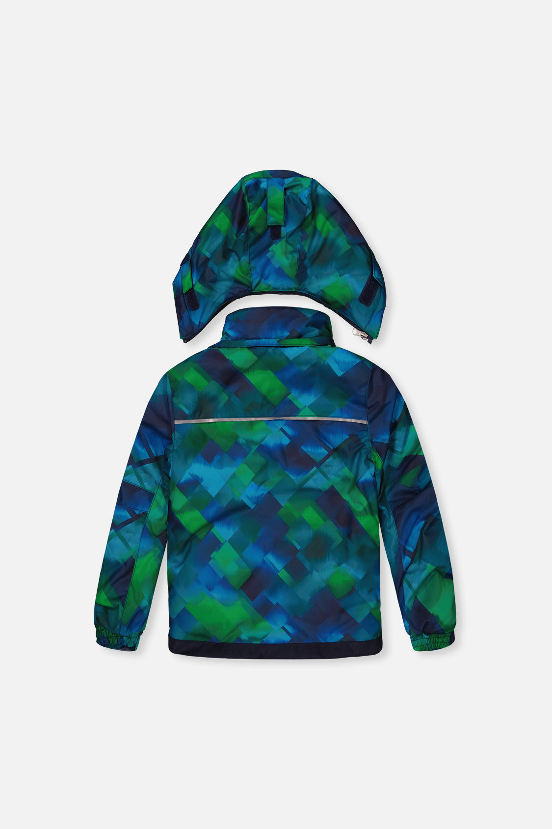 Deux par Deux blue and green checkered PLAY jacket, back view with hood detached