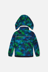 Deux par Deux blue and green checkered PLAY jacket, back view with hood detached