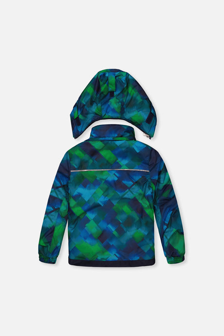 Deux par Deux blue and green checkered PLAY jacket, back view with hood detached
