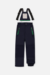 Deux par Deux navy PLAY bib snow pants with suspenders and green zip pockets, front view