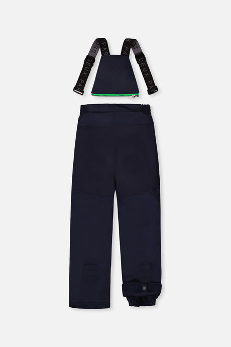 Deux par Deux navy PLAY bib snow pants with suspenders, back view