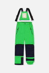 Deux par Deux green PLAY bib snow pants with suspenders and navy reinforced knees, front view
