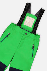 Close-up of the green PLAY snow pants waist, zip pocket and Deux par Deux logo suspenders