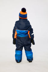 Child wearing the Deux par Deux striped PLAY one-piece snowsuit, back view