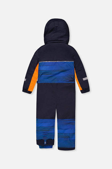 Deux par Deux PLAY one-piece snowsuit, blue with black stripes, back view