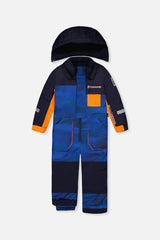 Deux par Deux PLAY one-piece snowsuit, blue with black stripes, front view with hood