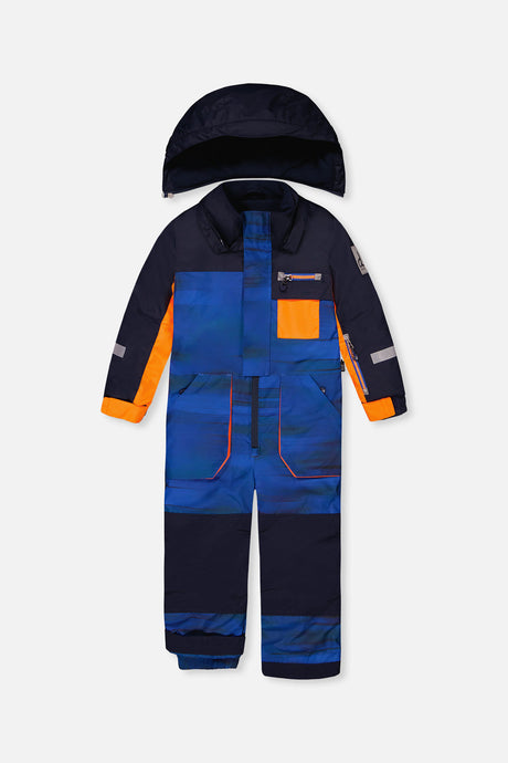 Deux par Deux PLAY one-piece snowsuit, blue with black stripes, front view with hood