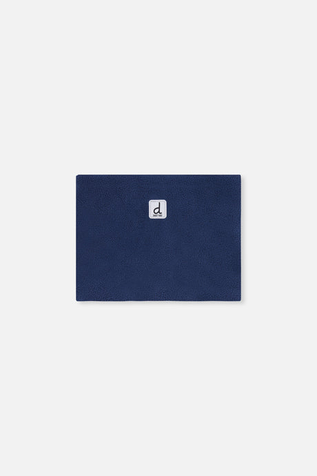 Navy polar fleece neckwarmer included with the Deux par Deux striped PLAY one-piece snowsuit