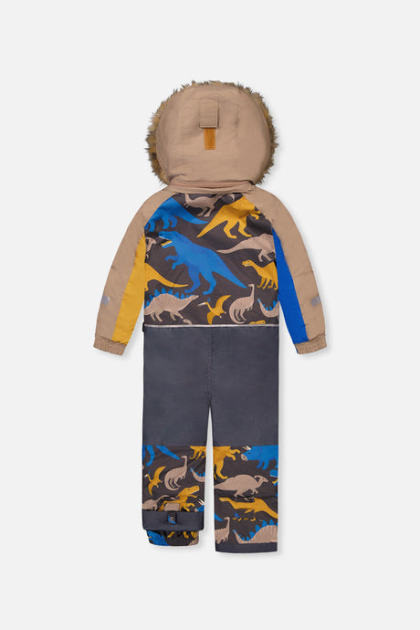 Deux par Deux grey and blue dinosaur PLAY one-piece snowsuit, back view