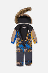 Deux par Deux dinosaur PLAY one-piece snowsuit opened to show the black fleece lining and faux-fur hood
