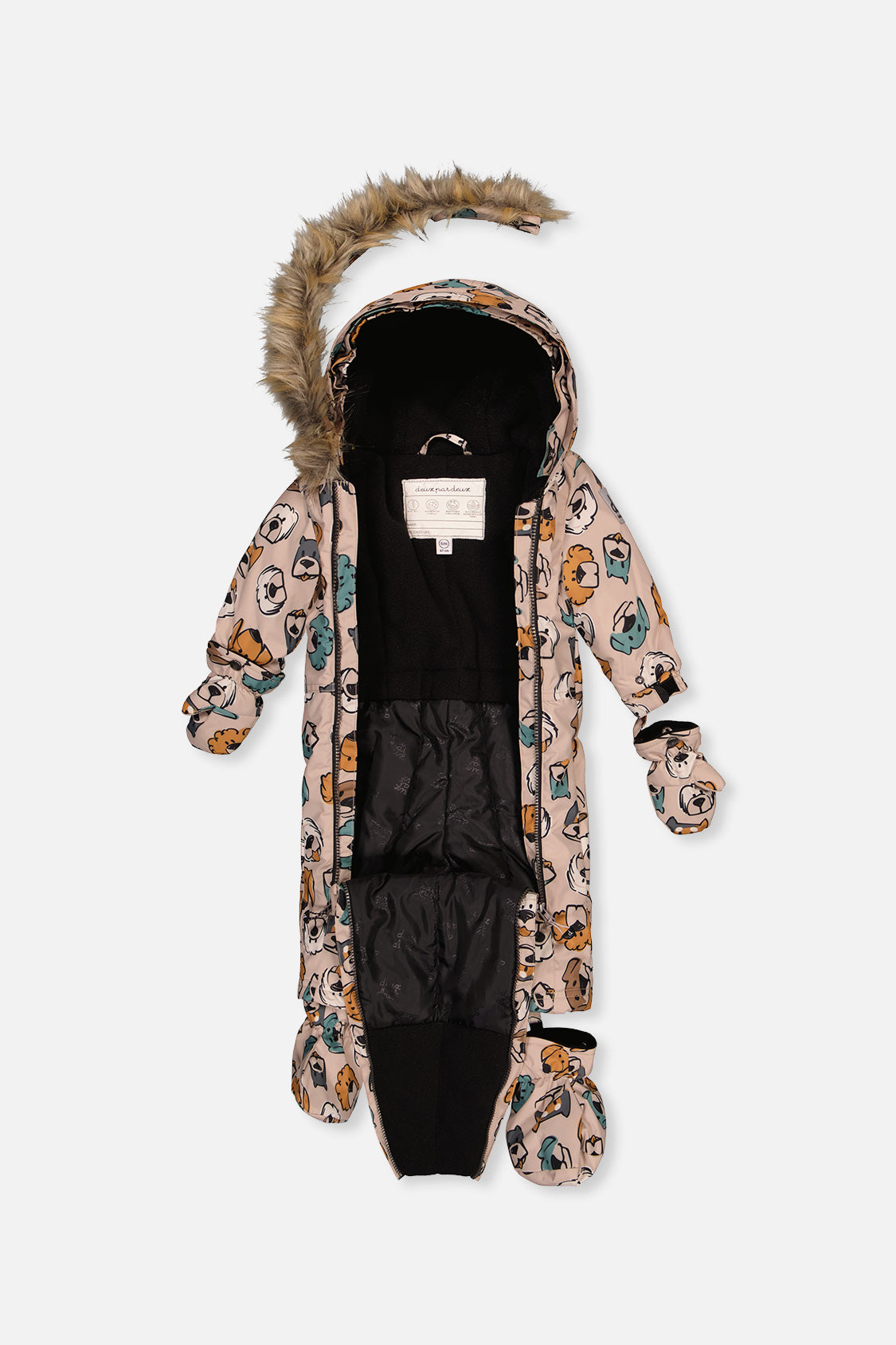 Deux par Deux baby boys' car-seat snowsuit, beige dog print, alternate view